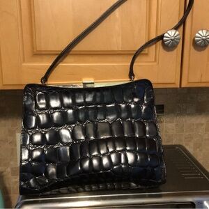 Furla Black Croc-Embossed Shoulder Bag